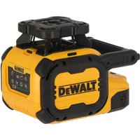 Yellow DeWalt USB rotary laser level with black accents and green beam capability, featuring a digital display panel.