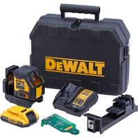 DeWalt cordless green laser level with black and yellow design, accessories, and a sturdy black carrying case.