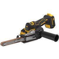 Yellow and black DeWalt cordless belt sander with ergonomic handle and brushless motor.