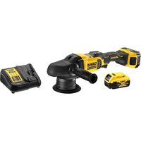 Yellow and black DeWalt cordless polisher with brushless motor, dual action head, and detachable battery.
