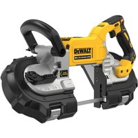 Yellow and black DeWalt cordless band saw with deep cut capacity and ergonomic handle design.