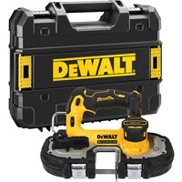 Yellow and black DeWalt cordless compact bandsaw with ergonomic handle, brushless motor, and protective case.