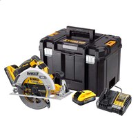 Yellow and black DeWalt cordless circular saw with brushless motor, 190mm blade, battery, charger, and storage case.