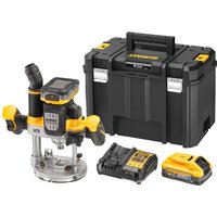 DeWalt cordless brushless plunge router, yellow and black, with battery, charger, and black carrying case.