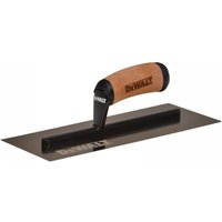 Gold stainless steel finishing trowel with black handle and DEWALT logo, 12-inch rectangular blade.