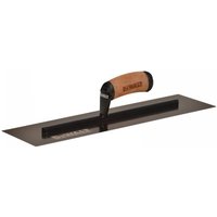 Gold stainless steel finishing trowel with black handle and DEWALT logo, 18-inch rectangular blade.