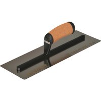 Stainless steel DeWalt drywall trowel with flexible blade and leather handle.