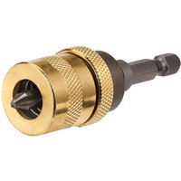Gold DeWalt drywall screwdriver bit holder with knurled grip and depth setter attachment.