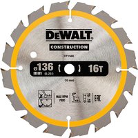 Dewalt trim saw blade, silver with yellow accents, 136mm diameter, 16 teeth, labeled for construction use.