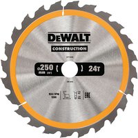 Circular saw blade by DeWalt, silver with 24 teeth, 250mm diameter, yellow accent, and central mounting hole.