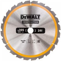 Dewalt circular saw blade, silver with 24 teeth, 305mm diameter, yellow accents, and black logo in center.