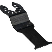 Black DeWalt oscillating multi-tool blade with fastcut teeth and universal fit design.