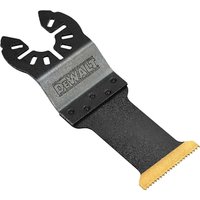 Black and silver DeWalt titanium oscillating saw blade with serrated edge and mounting holes.