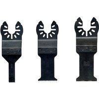 Dewalt multi-tool accessory set with three black blades, each with unique serrated edges and mounting designs.
