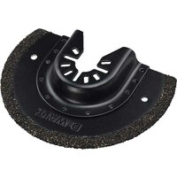 Black DeWalt carbide oscillating tool blade with semi-circular shape and textured edge for grout removal.