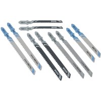 Set of 10 DeWalt jigsaw blades in silver and black with blue accents, featuring various teeth patterns.