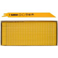 Yellow DeWalt bi-metal reciprocating saw blade for metal, with a pointed tip and printed icons on the blade.