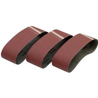 Three maroon Dewalt sanding belts, 533x75mm, 80 grit, curved and aligned side by side.