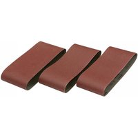 Pack of 3 maroon Dewalt sanding belts, 356 x 64mm, 100 grit, with smooth abrasive surface.