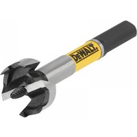 Dewalt self-feed drill bit 38mm, silver with black cutting edges and yellow Dewalt logo on the shaft.