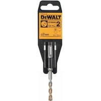 Dewalt SDS Plus Extreme 2 drill bit, 7x110mm, silver with spiral flutes and black shank, in branded packaging.