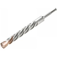 Silver Dewalt SDS Plus Extreme 2 drill bit, 25x250mm, with spiral fluting and pointed carbide tip.