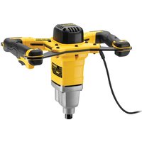 Yellow and black Dewalt dual handle paddle mixer, 1600W, 110V, with ergonomic grips and a central motor housing.