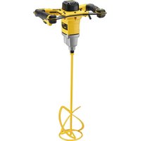 Yellow DeWalt paddle mixer with dual handles, black grip, and long spiral mixing paddle.