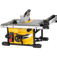 Yellow DeWalt compact table saw with 210mm blade, metal stand, and adjustable fence system.