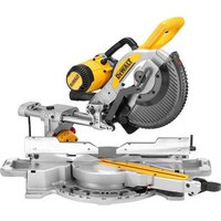 DeWalt DWS727 mitre saw with yellow accents, double bevel, sliding rail, and 250mm blade.