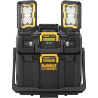 Black DeWalt Tough system V2 storage box with dual LED work lights on top, rugged design, and yellow accents.