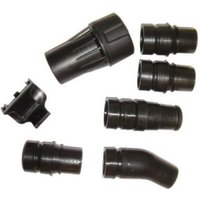 Black DEWALT DWV9220 dust connection kit with various hose adapters and connectors for woodworking.