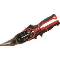 Red and black DeWalt Ergo Aviation Snips with ergonomic handles and sharp metal cutting blades.