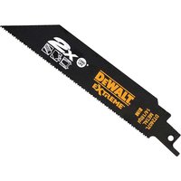 Black DeWalt Extreme 2X Life metal cutting reciprocating saw blade with yellow branding and jagged edge.