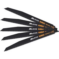 Black DeWalt Extreme 2X Life reciprocating saw blades with yellow branding and serrated edges for wood and nails.