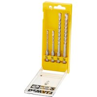 DeWalt Extreme 4 Piece SDS Plus Drill Bit Set in yellow case with clear lid, featuring spiral fluted silver bits.