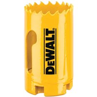 Yellow DeWalt Extreme Bi Metal Hole Saw with jagged edge and side slots for debris removal.