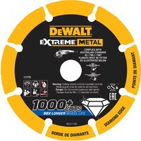 Yellow and black DeWalt Extreme Diamond Metal Cutting Disc with text and diamond icon on the surface.