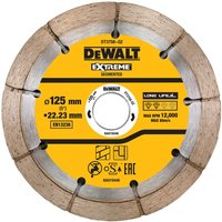Yellow DeWalt Extreme Diamond Mortar Raking Disc with segmented edges and central mounting hole.