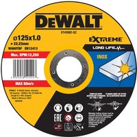 Dewalt Extreme Long Life INOX cutting disc, 125mm diameter, yellow and black with blue and white graphics.