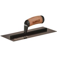Gold stainless steel DeWalt drywall trowel with ergonomic brown handle and black support bracket.