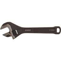 Black DeWalt 10-inch all-steel adjustable wrench with a wide jaw and ergonomic handle.