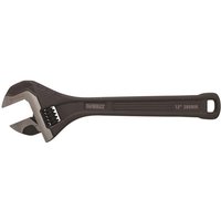 Black DeWalt 12-inch adjustable wrench with steel construction and engraved measurements on the jaw.