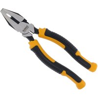 DeWalt combination pliers 200mm, silver metal jaws, black and yellow ergonomic rubber grips.
