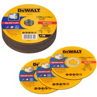 Yellow and black DeWalt steel cutting discs with labeled center, stacked and spread out.