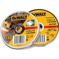 DeWalt INOX thin stainless steel cutting disc, yellow label, black text, 115mm diameter, 1.2mm thickness.