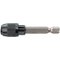 DeWalt lockable magnetic screwdriver bit holder, black textured grip, silver hex shaft, compact design.