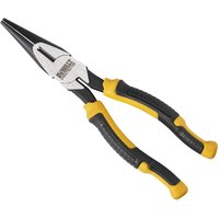DeWalt long nose pliers with yellow and black rubber grips, silver metal jaws, and precision tips.