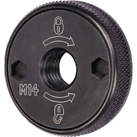 Black DeWalt M14 auto locking angle grinder nut with textured edges and lock symbols.