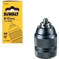 DeWalt metal keyless drill chuck, black with textured grip, next to yellow DeWalt packaging showing size and model.